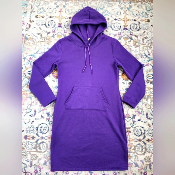 Women's Hooded Sweatershirt Dress Casual Solid Plum Pullover Long Sleeve, sz Lg - Picture 1 of 16
